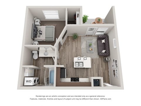 Floor plan for 1 bed, 1 bath, 588 sqft